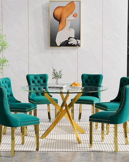 Round Glass Dining Table Set for 6, 47'' Clear Circular Kitchen Table and Chairs Set, 7PCS Modern Circle Dining Room Table Set with 6 Velvet Dining Chair for Home