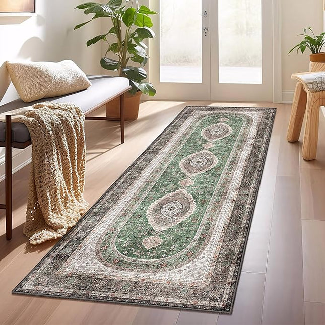 Washable Runner Rug 2x6,Green Rug Runners Non Slip,Long Boho Rugs for Hallways Kitchen Bedroom Entryway Bathroom,Vintage Bohemian Distressed Oriental Floor Carpet