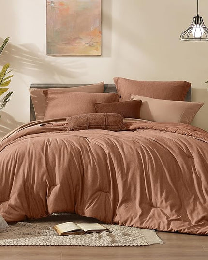 Monbix California King Comforter Set - 7 Pieces Cationic Dyeing Autumn Leaf Bed in a Bag Cal King Bed Sets with Comforter, Sheets, Pillowcases & Shams, Reversible Bedding Comforters Sets (108 * 92)