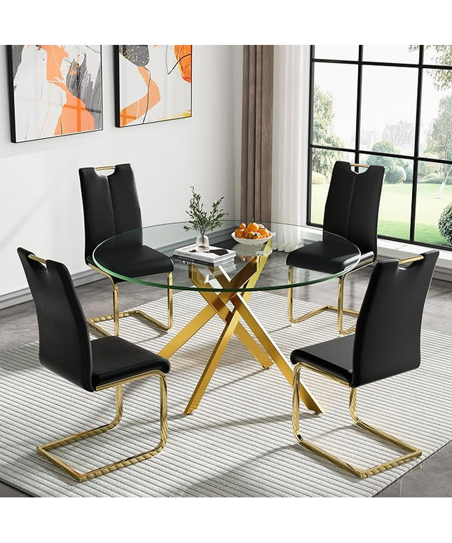HomVent 5 Piece Round Glass Dining Table Set, Round Glass Kitchen Table Set for 4 with 4 PU Upholstered Dining Chairs for Kitchen Dining Room