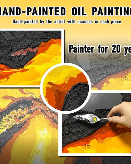 Abstract Lava Flow Canvas Wall Art for Living Room, Black and Gold Yellow Wall-Decor for Bedroom, Modern Textured Volcanic Landscape Paintings for Hallway Office, Size 58x29 Inches Hand Painted