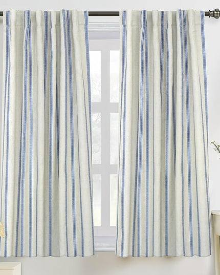 DriftAway Farmhouse Linen Blend Blackout Curtains 54 Inches Long for Bedroom Vertical Striped Printed Linen Curtains Thermal Insulated Lined Treatments for Living Room 2 Panels W52 x L54 Linen Navy