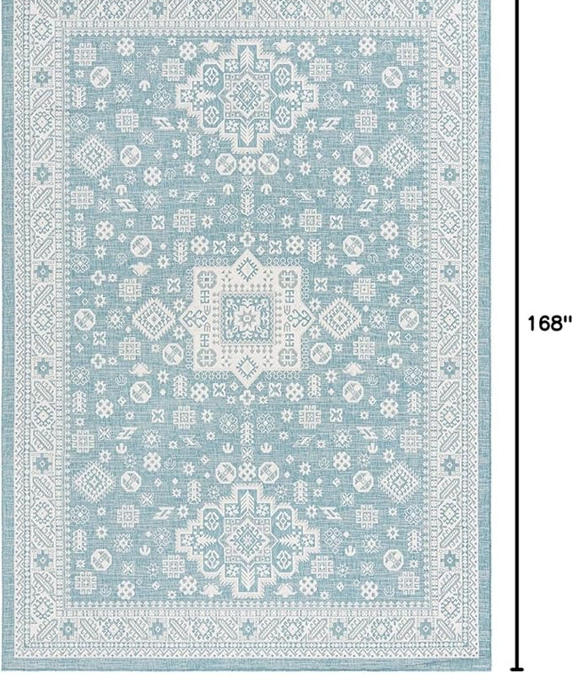 Rugs.com Outdoor Aztec Collection Rug – 10' x 14' Aqua Flatweave Rug Perfect for Living Rooms, Large Dining Rooms, Open Floorplans