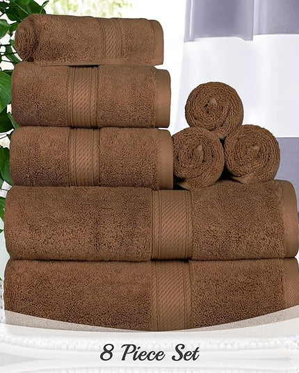 Superior Egyptian Cotton Pile 8 Piece Towel Set, Includes 2 Bath, 2 Hand, 4 Face Towels/Washcloths, Ultra Soft Luxury Towels, Thick Plush Essentials, Guest Bath, Spa, Hotel Bathroom, Chocolate