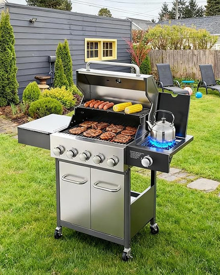 Veralune 5 Burner Propane Gas Grill with Side Burner & Porcelain-Enameled Cast Iron Grates, 68,000 BTU Output Professional Grade Stainless Steel Outdoor BBQ Grill for Backyard, Patio, Garden Cooking