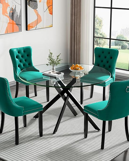 HomVent 5 Piece Round Glass Dining Table Set, Tempered Glass Dinner Table Set for 4 Kitchen Table Set with 4 Velvet Upholstered Chairs for Kitchen Dining Room