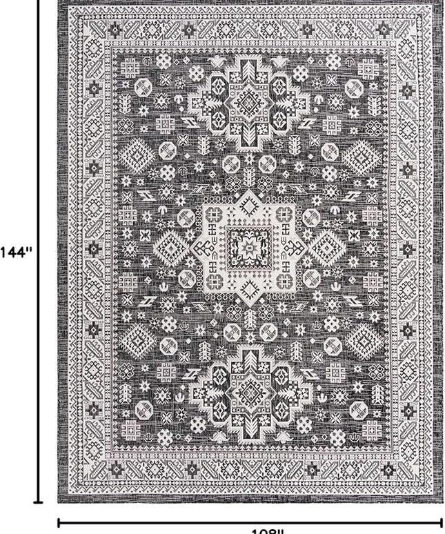 Rugs.com Outdoor Aztec Collection Rug – 9' x 12' Charcoal Gray Flatweave Rug Perfect for Living Rooms, Large Dining Rooms, Open Floorplans