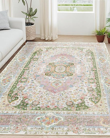 5x7 Area Rugs Washable,Pink Rug for Living Room Bedroom Kitchen,Large Boho Vintage Bohemian Distressed Carpet Non Slip,Blush Green