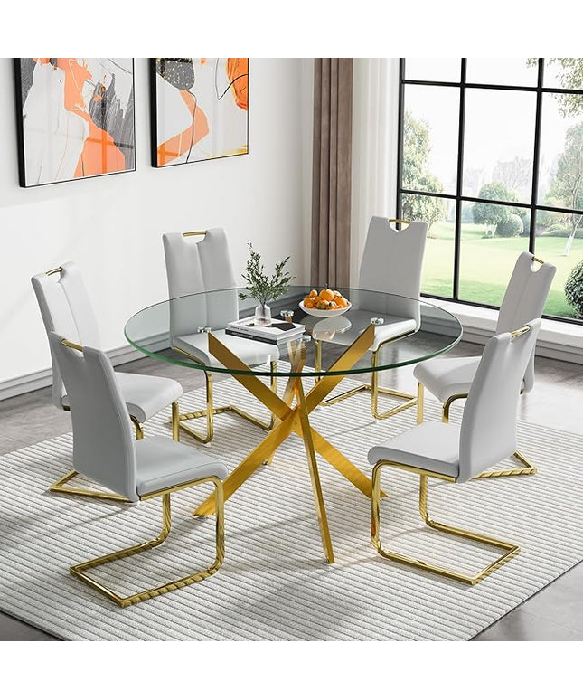 HomVent 7 Piece Round Glass Dining Table Set, Round Glass Kitchen Table Set for 6 with 6 PU Upholstered Dining Chairs for Kitchen Dining Room
