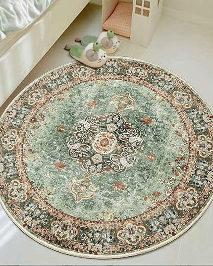 Green Round Rug 4ft,Circle Washable Area Rugs for Bedroom Bathroom Entryway,Boho Vintage Bohemian Distressed Oriental Floral Carpet Non Slip,Sage