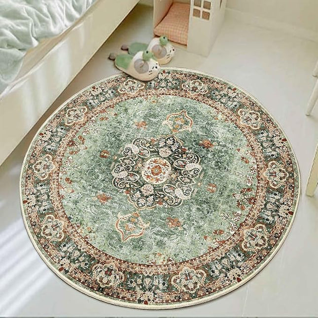 Green Round Rug 4ft,Circle Washable Area Rugs for Bedroom Bathroom Entryway,Boho Vintage Bohemian Distressed Oriental Floral Carpet Non Slip,Sage