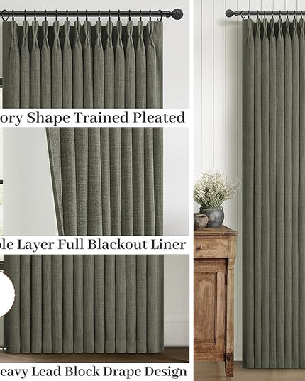 Pinch Pleated Drapes Greenish Grey Room Darkening Curtains 96 Inches Long for Living Room, Rustic Cottage Core 100% Blackout Faux Linen Double Layer Pleat Curtain 2 Panels Set Deep Depths Green Decor
