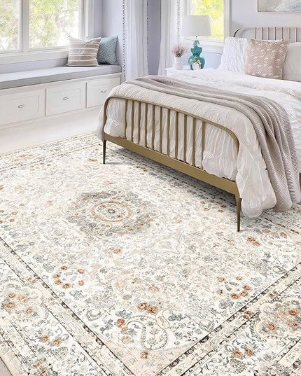 5x7 Area Rugs Washable,Boho Rug for Living Room Bedroom Kitchen,Large Vintage Bohemian Distressed Carpet Non Slip,Beige