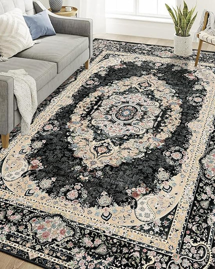 Casrage 6x9 Area Rugs Washable,Black Rug for Living Room Bedroom Kitchen,Large Boho Vintage Bohemian Distressed Carpet Non Slip,Floral