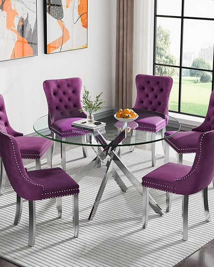 Round Glass Dining Table Set for 6, 47'' Clear Circular Kitchen Table and Chairs Set, 7PCS Modern Circle Dining Room Table Set with 6 Velvet Dining Chair for Home