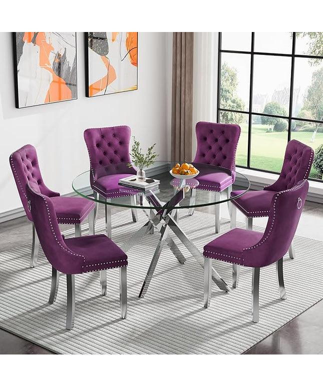 Round Glass Dining Table Set for 6, 47'' Clear Circular Kitchen Table and Chairs Set, 7PCS Modern Circle Dining Room Table Set with 6 Velvet Dining Chair for Home