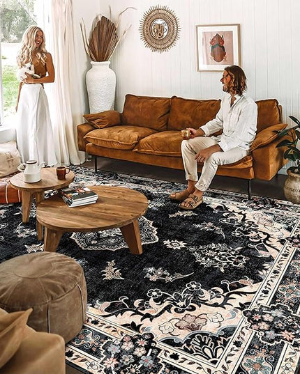MUJOO Black Rug 8'x10' Area Rugs for Living Room Bedroom Dining Room,Large Washable Boho Bohemian Vintage Distressed Farmhouse Non Slip Carpet, Floral Flowers