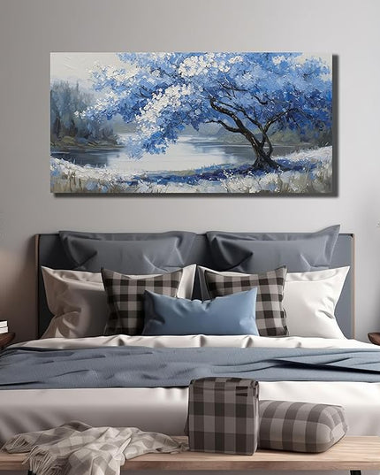 JuhaiArt Blue Wall Art White Picture Art Scenery Wall Decor Tree Wall Art Canvas for Living Room Bedroom Home Office Prints Gray Artwork 24" x 48"