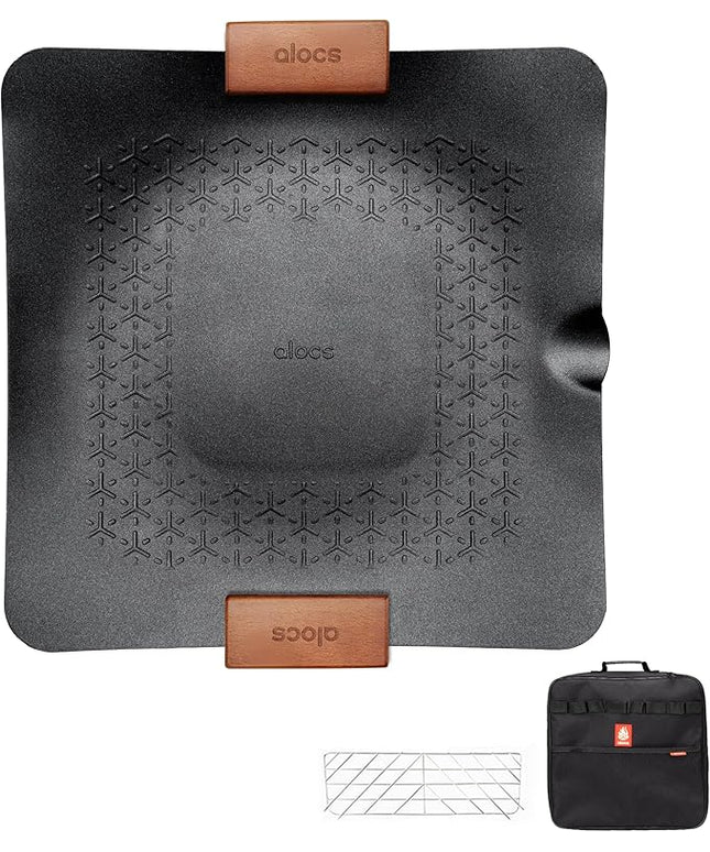 Alocs Korean BBQ Grill Pan with Bag, 12.6'' Cast Aluminum Nonstick Coating, Lightwight 2.2 Pounds, Rectangular Grill Pan for Stove Top, Portable Outdoor Camping BBQ