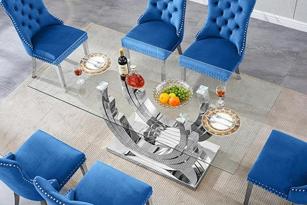 70" Large Glass Dining Table,Modern Rectangular Dining Room Table with 0.39" Tempered Glass Top & Silver Finish Stainless Steel Legs, Modern Clear Kitchen Table for Home Office
