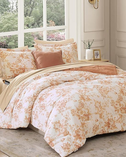 Queen Comforter Set -7 Pieces Autumn Leaf Floral Comforter Set for All Seasons, Bed in a Bag Queen with Botanical Flowers Comforter, Sheets, Pillowcases & Shams