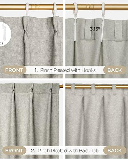Joydeco Greyish White Pinch Pleated Thick Linen Curtains 90 Inch Long 2 Panel Set for Living Room, Double-Faced Curtain for Bedroom, Back Tab Blackout Drapes with Adjustable Hooks (40”W x90”L)