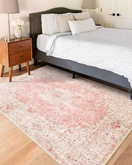 Pink Rug 3x5,Washable Area Rugs for Bedroom Living Room Kitchen Entryway,Small Boho Vintage Bohemian Distressed Non Slip Carpet,Blush