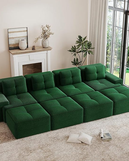 Hommoo Oversized Modular Sectional Sofa, 8 Seat Sleeper Sofa Bed, Comfy Corduroy Couch with Deep Seat, 153”Convertible Boneless Sofa with Ottoman for Living Room No Assembly Required Green