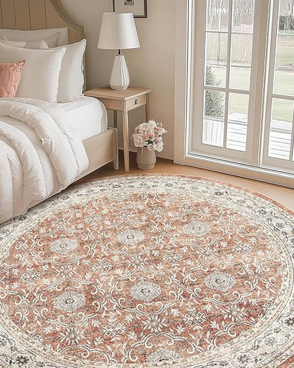 jinchan Round Rug 8ft Washable Circle Soft Rug - Low Pile Vintage 8'Round Indoor Orange Floral Print Stain Resistant Boho Carpet Ultra-Thin Non-Slip for Living Room Bedroom Dining Room Kitchen