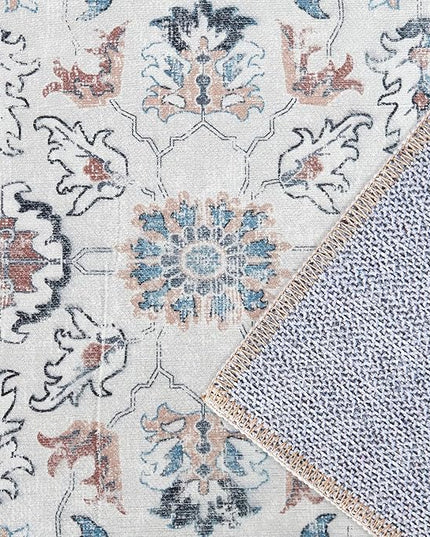 jinchan Area Rug 8x10 Living Room Rug - Washable Vintage Large Boho Floral Floor Cover Lightweight Low Pile Thin Non-Slip Retro Distressed Carpet for Bedroom Dining Room Kitchen Office Grey Multi