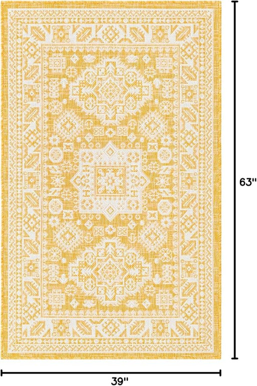 Rugs.com Outdoor Aztec Collection Rug – 3' x 5' Yellow Flatweave Rug Perfect for Living Rooms, Large Dining Rooms, Open Floorplans