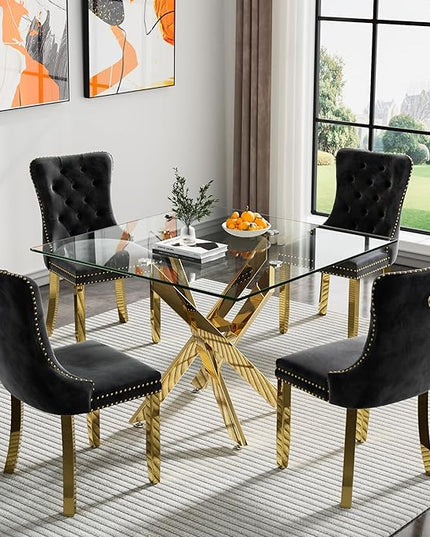 Glass Dining Table Set for 4, Square 36" Dining Table with Gold Cross Metal Leg, 4 Black Velvet Dining Chairs with Stainless Steel Legs, Modern Glass Kitchen Table and Chairs Set for Small Space