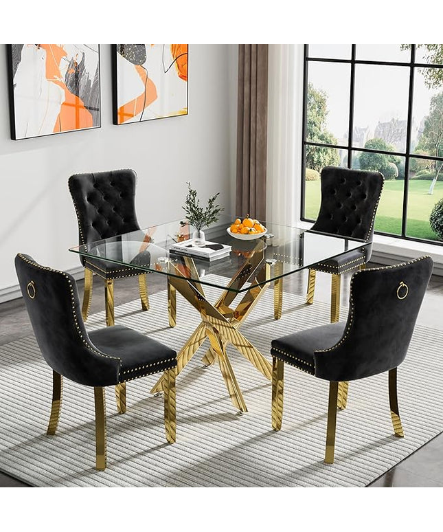 Glass Dining Table Set for 4, Square 36" Dining Table with Gold Cross Metal Leg, 4 Black Velvet Dining Chairs with Stainless Steel Legs, Modern Glass Kitchen Table and Chairs Set for Small Space