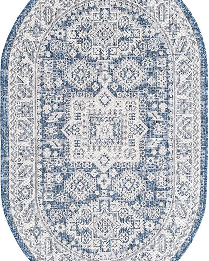Rugs.com Outdoor Aztec Collection Rug – 3' x 5' Oval Blue Flatweave Rug Perfect for Living Rooms, Large Dining Rooms, Open Floorplans