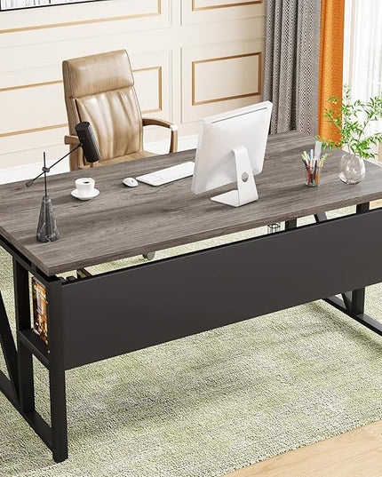 Tribesigns 55 inches Computer Desk with Bottom Storage Shelf Home Office Desk Writing Table for Workstation,Dark Walnut + Steel Leg， Cabinet not Included (Dark Oak, 55-inch -with Shelf)