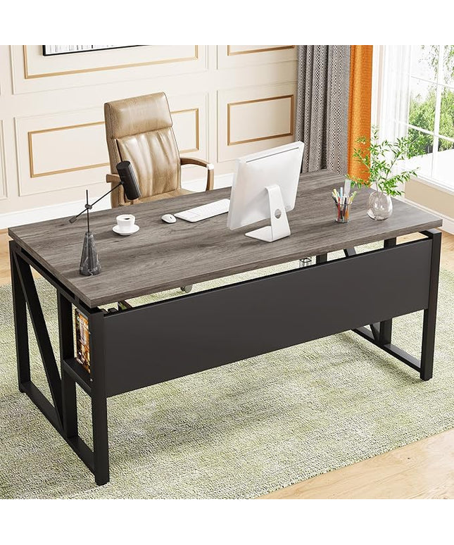 Tribesigns 55 inches Computer Desk with Bottom Storage Shelf Home Office Desk Writing Table for Workstation,Dark Walnut + Steel Leg， Cabinet not Included (Dark Oak, 55-inch -with Shelf)