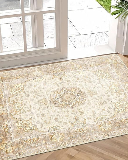 Small Rugs 2'x3',Boho Rug for Entryway Bathroom Kitchen Entrance Doormat,Vintage Bohemian Distressed Washable Accent Indoor Mat Floor Throw Carpet Non Slip,Beige Gold Floral