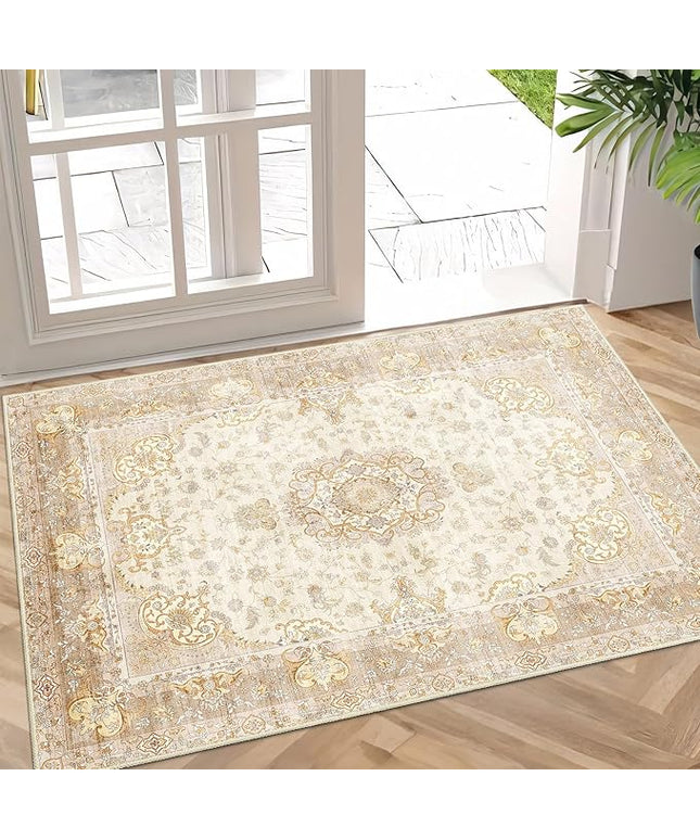 Small Rugs 2'x3',Boho Rug for Entryway Bathroom Kitchen Entrance Doormat,Vintage Bohemian Distressed Washable Accent Indoor Mat Floor Throw Carpet Non Slip,Beige Gold Floral