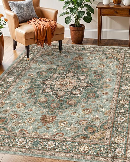 Washable Oriental Area Rug - 3x5 Rugs for Living Room Soft Carpet for Bedroom Waterproof Floral Distressed Indoor Stain Resistant Non-Shedding Floor Carpets (Green, 3X5)
