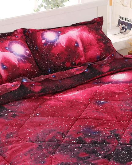 Wowelife Galaxy Bedding Set for Kids - 5-Piece Full, Red, 3D Comforter Set, Soft Kids Bedding