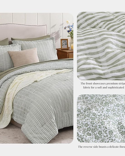 Queen Comforter Set - 7 Pieces Green Gauze Muslin Bedding Sets for All Seasons, Lightweight Breathable Bed in a Bag Queen with Revesible Farmhouse Comforter, Sheets, Pillowcases & Shams