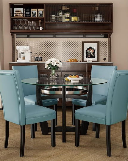 PADMA HOUSE Round Glass Dining Table Set for 4, 45in Modern Kitchen Dinner Table with 4 Parsons Leather Dining Chairs 5 Piece Dining Room Wood Glass Table Chair Set, Clear&Light Blue