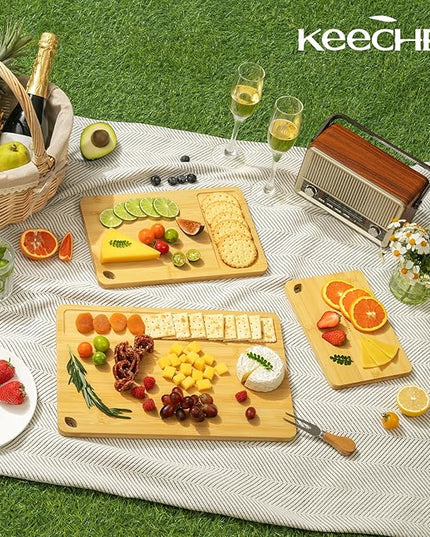 Wood Cutting Board for Kitchen - Reversible Bamboo Cutting Boards Gift Set of 3 with Juice Groove, Wooden Chopping Board for Meat, Fruit, Vegetables & Cheese (Pre Oiled, Natural)