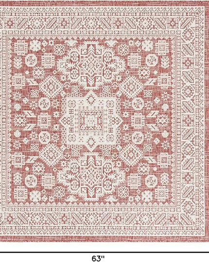 Rugs.com Outdoor Aztec Collection Rug – 5 Ft Square Rust Red Flatweave Rug Perfect for Living Rooms, Kitchens, Entryways