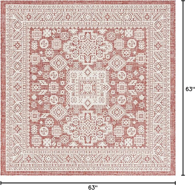 Rugs.com Outdoor Aztec Collection Rug – 5 Ft Square Rust Red Flatweave Rug Perfect for Living Rooms, Kitchens, Entryways