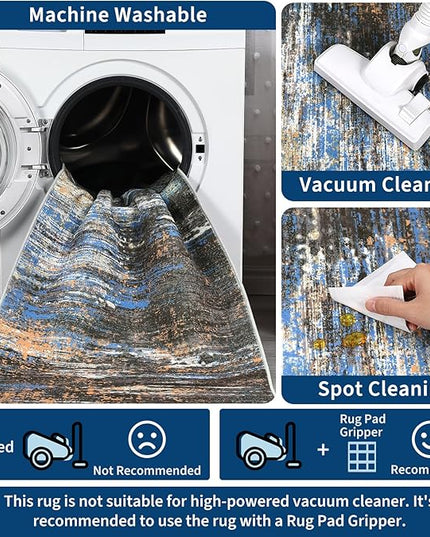 Washable Runner Rug 2x6 Modern Abstract Kitchen Rugs, Non Slip Bathroom Rug, Low Pile Laundry Room Soft Long Carpet for Hallway Bedroom Entryway, Blue/Brown