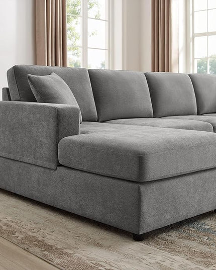 VANOMi 118'' U Shaped Sectional Sofa, 4 Seat Modern Sectional Couch, Double Chaise Longue, Cozy Chenille Sofa Couches for Living Room Apartment, Grey