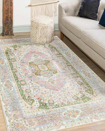 Pink Rug 3x5,Washable Area Rugs for Bedroom Living Room Kitchen Entryway,Small Boho Vintage Bohemian Distressed Non Slip Carpet,Blush Green