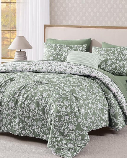 Queen Comforter Set -7 Pieces Floral Grey Green Comforter Set for All Seasons, Bed in a Bag Queen with Botanical Flowers Comforter, Sheets, Pillowcases & Shams