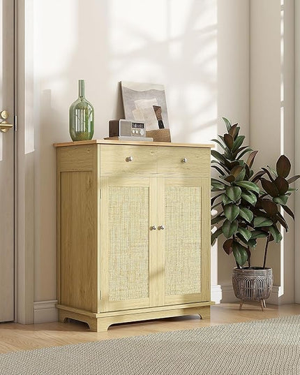 HOMCOM Sideboard with Solid Wood Countertop, Modern Kitchen Storage Cabinet, Coffee Bar Cabinet with 2 Drawers, Doors and Adjustable Shelf, Natural Rattan